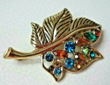 BROCHE FEUILLE strass multicolore lumineux superbe pins brooch BLUE NEUF 6,3cm