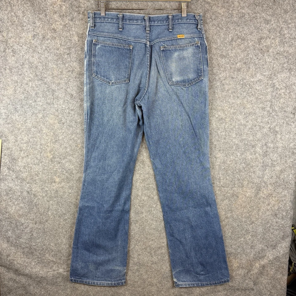 VTG Rustler Jeans Mens 33x32 Blue Ideal Zip Whiskered Faded Yellow Tag 80s USA - Image 2 of 4