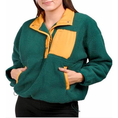 Wilo The Label Sherpa Fleece Snap Pullover Jacket Green Yellow Small