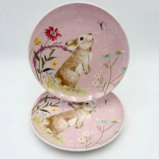 Potter's Studio Set of 2 Pink Bunny Rabbit Floral Dessert Salad Plates Easter