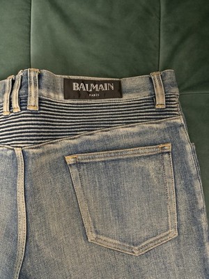 Balmain Biker Denim Jeans Blue Ribbed Zipper Button Accents Men's