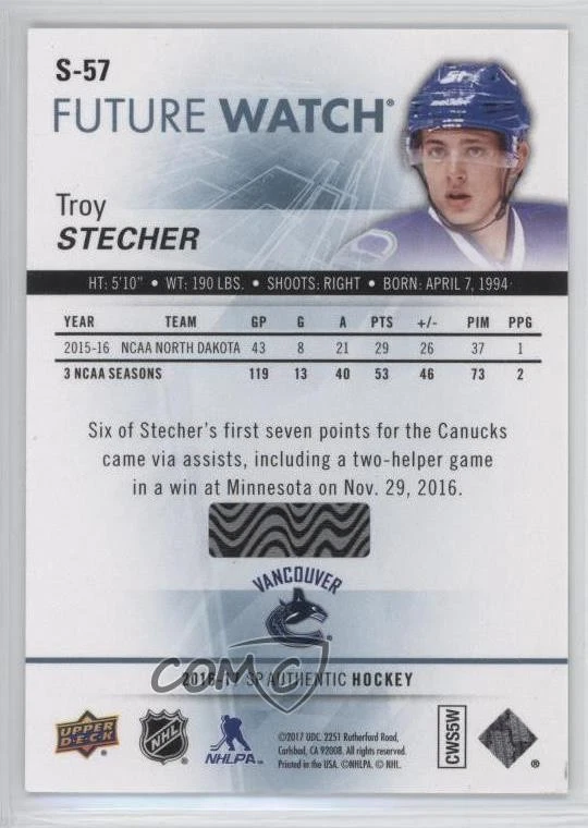 2016 SP Authentic Spectrum Future Watch - Level 1 Silver Troy Stecher Rookie RC - Image 2 of 2