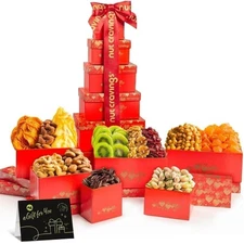 Nut Cravings Dried Fruit & Nut Gift Tower | Red Box, Ribbon |12-Piece Assortment