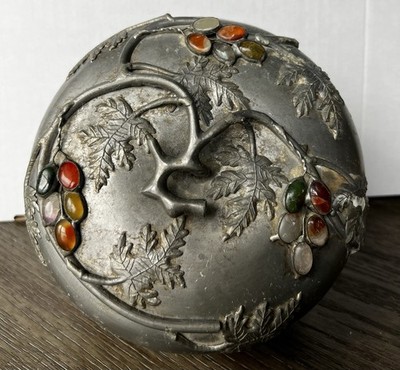 Chinese Pewter Jade Agate Stone Covered Dish Large *** Rare ***