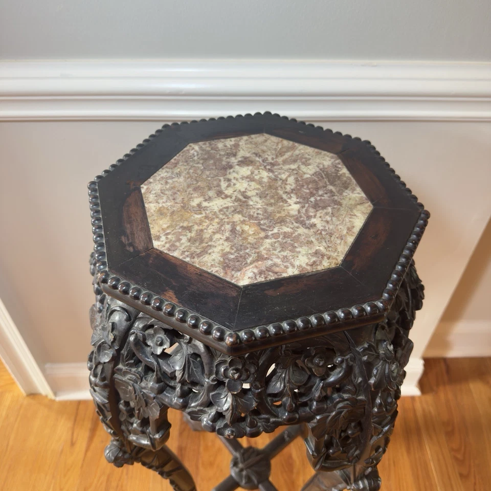 Mesa pedestal lateral de mármol madera tallada a mano Jardiniere china de 35" Foto 4 de 4