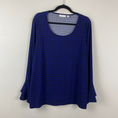 Susan Graver Liquid Knit Bell Sleeve Blouse Size XL Blue Black Scoop Neck