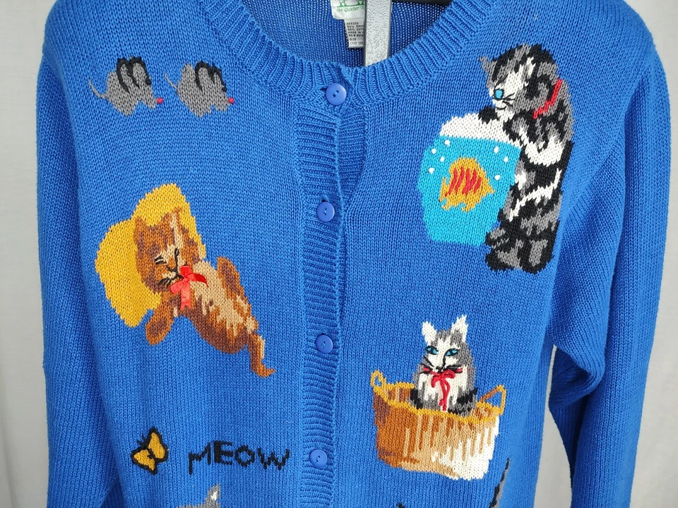 Vtintage Quacker Factory Cat Cardigan Sweater Womens Sz Med A Cat Is A Cat Blue - Image 2 of 4