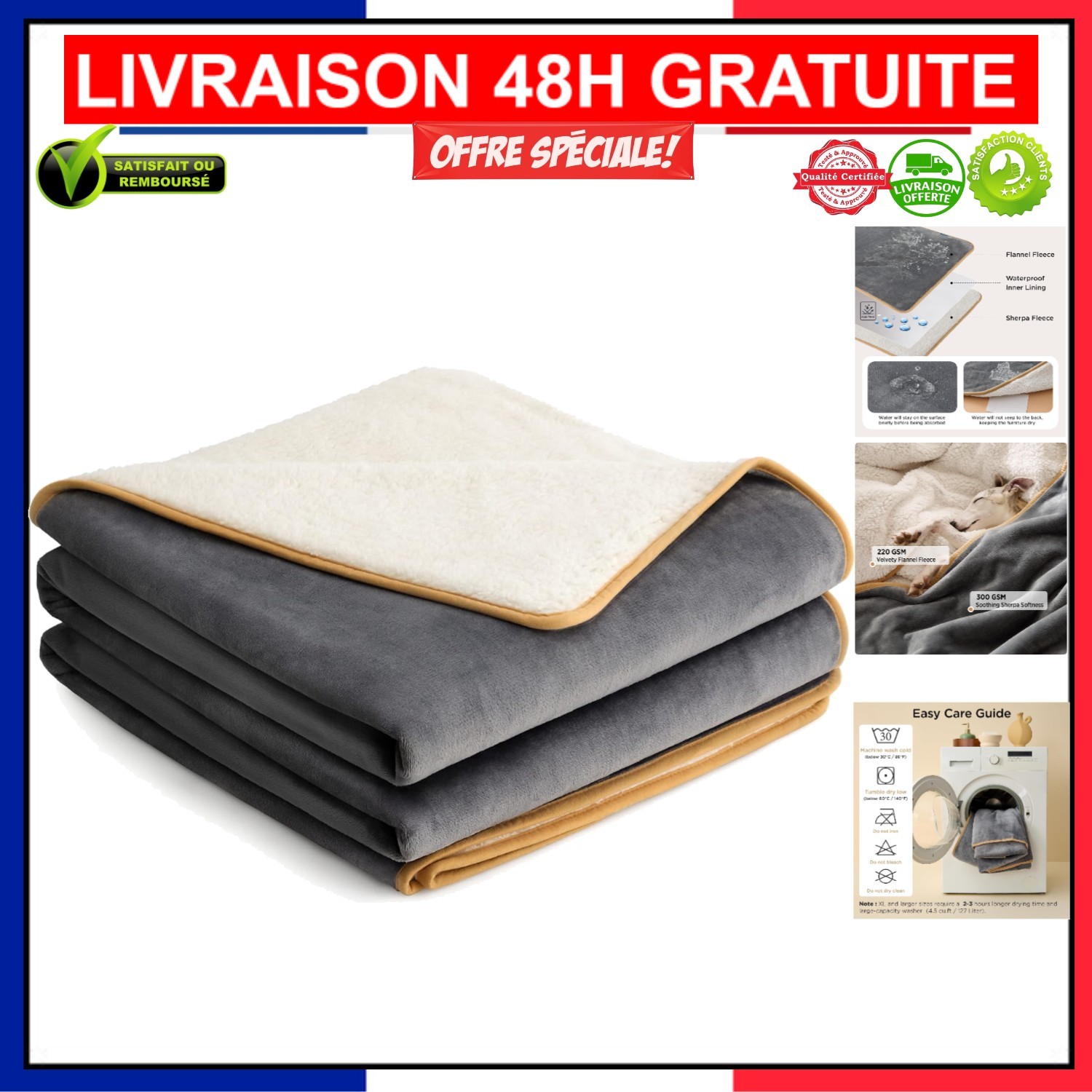 Fini les canapés trempés : couverture imperméable pour grands chiens 229x218cm