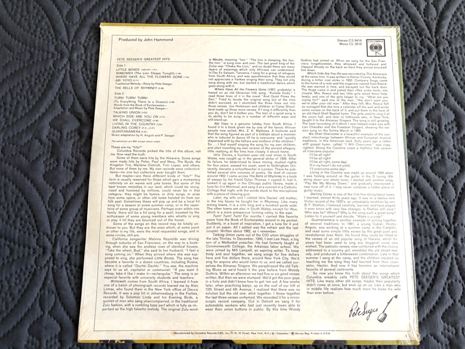 PETE SEEGERS GREATEST ORIGINAL  SEALED "NEVER PLAYED" VINTAGE VINYL RECORD ALBUM - Image 2 of 4