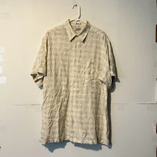 Vintage Chereskin Mens Linen Blend Shirt Size XL Beige Checkered Short Sleeve