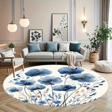 1pc Navy Blue Floral Round Mat - Soft Non-Slip Machine Washable Mat with Dark Bl
