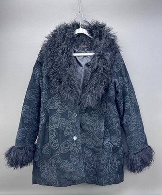 VTG Phase Two Womens Black Leather Suede Embroidered Faux Fur Collar Coat Size M