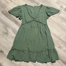 Green Swiss Dot Dress Ruffle Trim V-Neck Short Sleeve Summer Mini Dress Small