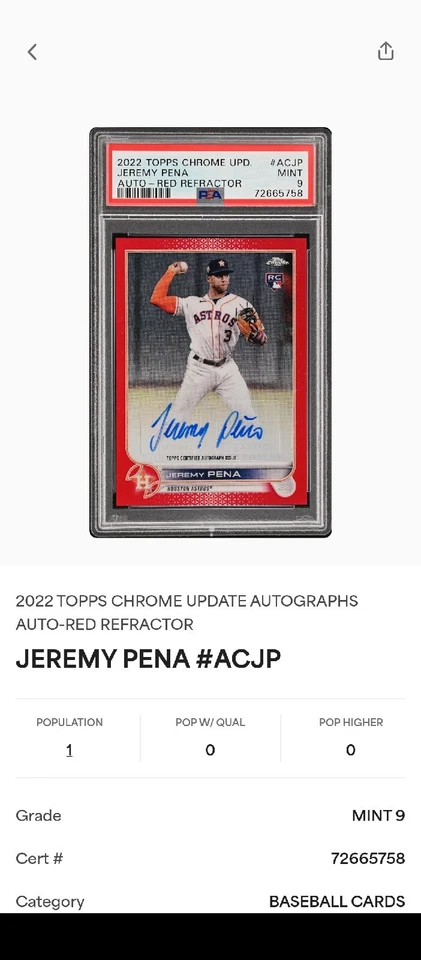 PSA 9 1/1 RC AUTO #3/5 JEREMY PENA RED REFRACTOR ROOKIE 2022 Topps Chrome Update - Image 2 of 4