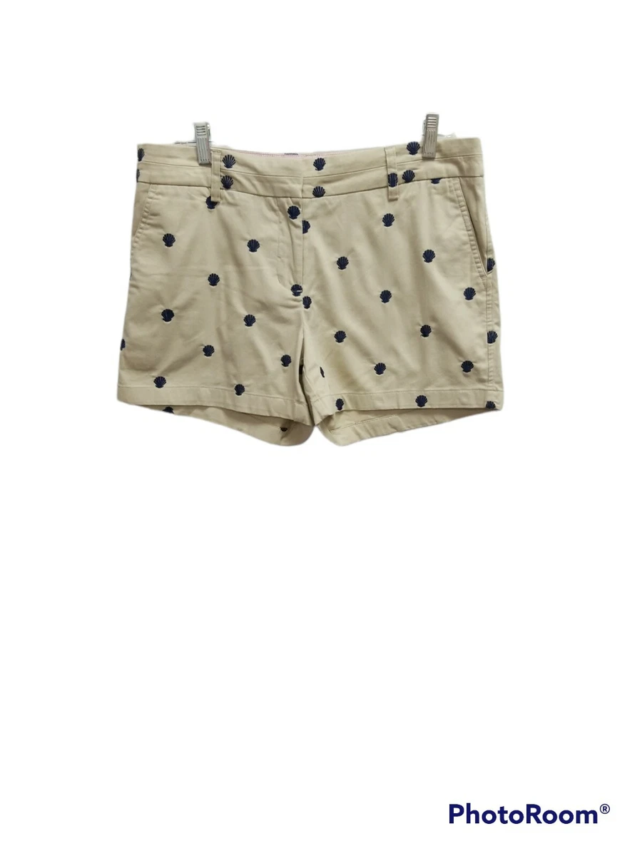 British Khaki Womens 10 Beige Blue Sea Shell Stretch Shorts Chino Zip Pockets