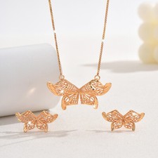 Gold Tone Hollow Butterfly Pendant Necklace Earrings Jewelry Set