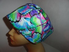 Ladies scrub hat large colorful butterflies, Vashon style elastic in back