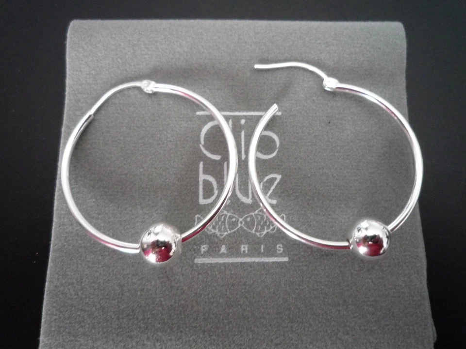 SUPERBES BOUCLES CREOLES CLIO BLUE ARGENT 925/BOULE ARGENT/100%NEUF/POCHON - Photo 1/1