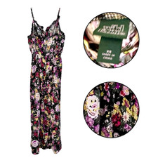 Floral Maxi Dress Black Pink Yellow XS Spaghetti Straps Ruffles