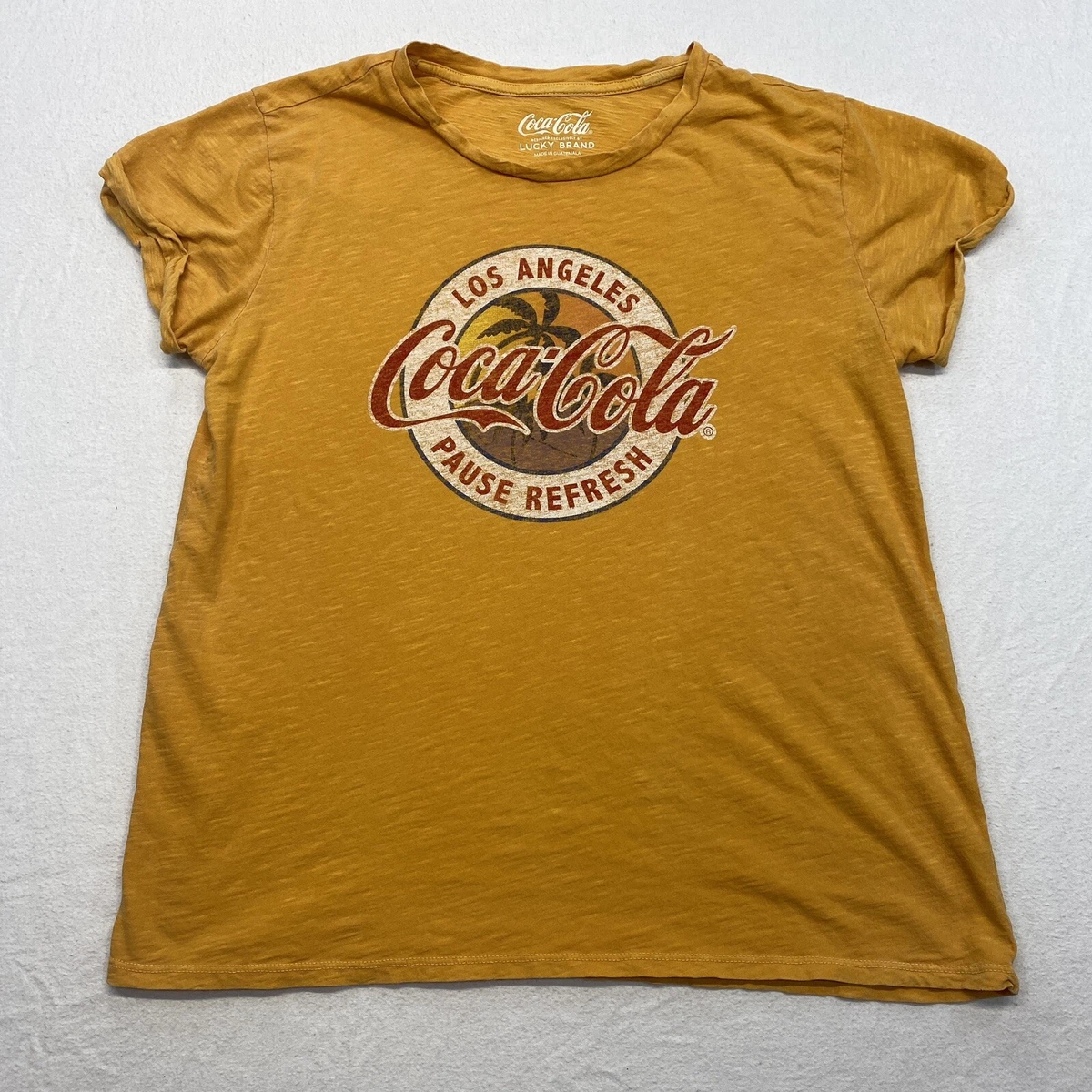 Coca Cola T Shirt Womens Medium Orange Los Angeles Pause Refresh Short Sleeve