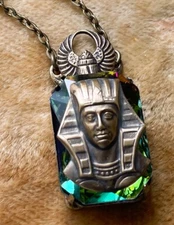 Egyptian Revival Necklace King Tut Pharaoh Pendant Iridescent Rhinestone Scarab