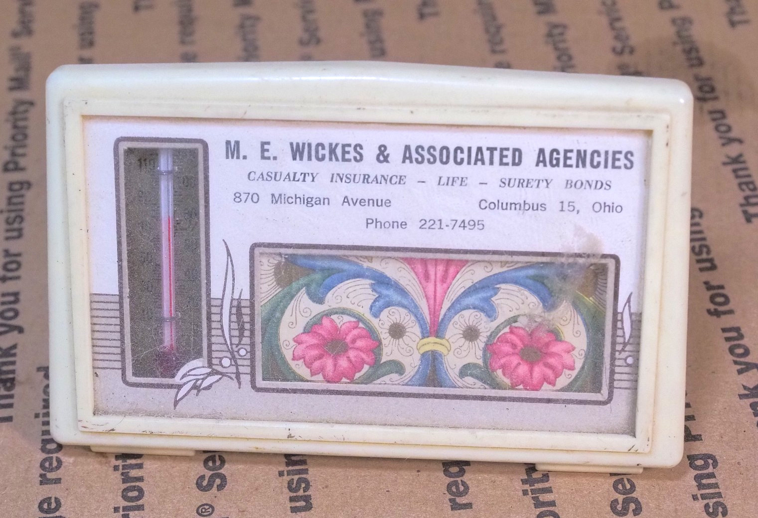 stand-up Advertising  THERMOMETER M E Wickes Insurance agency Columbus Ohio OOF2