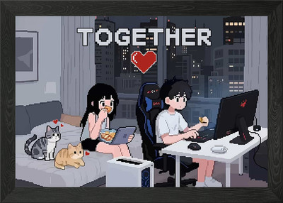 Pixel Art Katze Paar Gaming Geschenk gerahmtes Wandbild Poster Leinwanddruck Bild