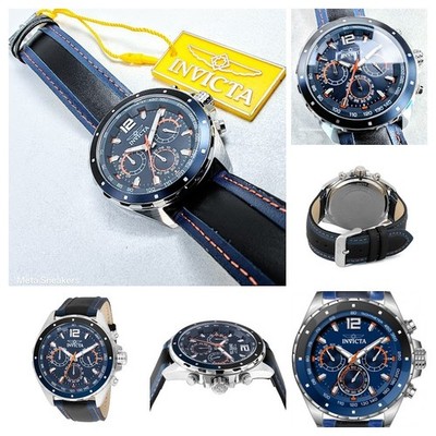 Invicta Watch Racing Vector Blue Black Orange Stainless Steel Leather  49357 New