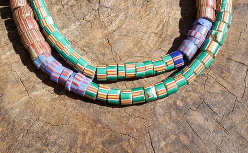 Antique Venetian Aja Chevron Heishi Beads (5-7mm) Green & Red (3007B726) Sliced
