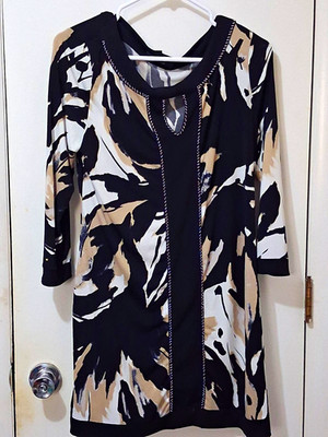 Style & Co. Women's M Knit Tunic Top Abstract Black/Beige/White 3/4 Scoop
