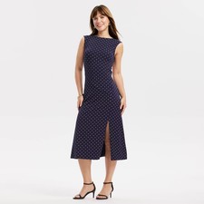 Women's Cutout Back Midi Dress - A New Day Navy Blue Polka Dots XXL