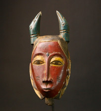 Afrikanische Maske gehörnt Stamm Holzschnitzerei Baule Stil Vintage Afrikanis...