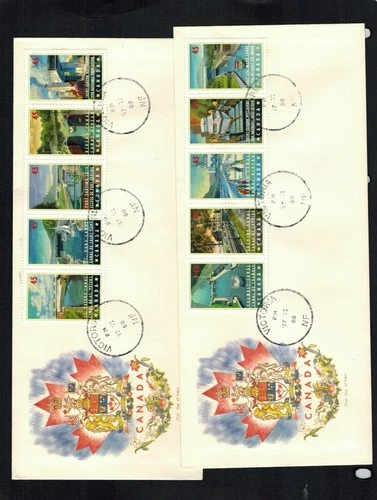 Canada #1725-734, 1998 45¢ Canal Strips of 5 on 2 R. G. Sharpe (RGS) cachet FDCs