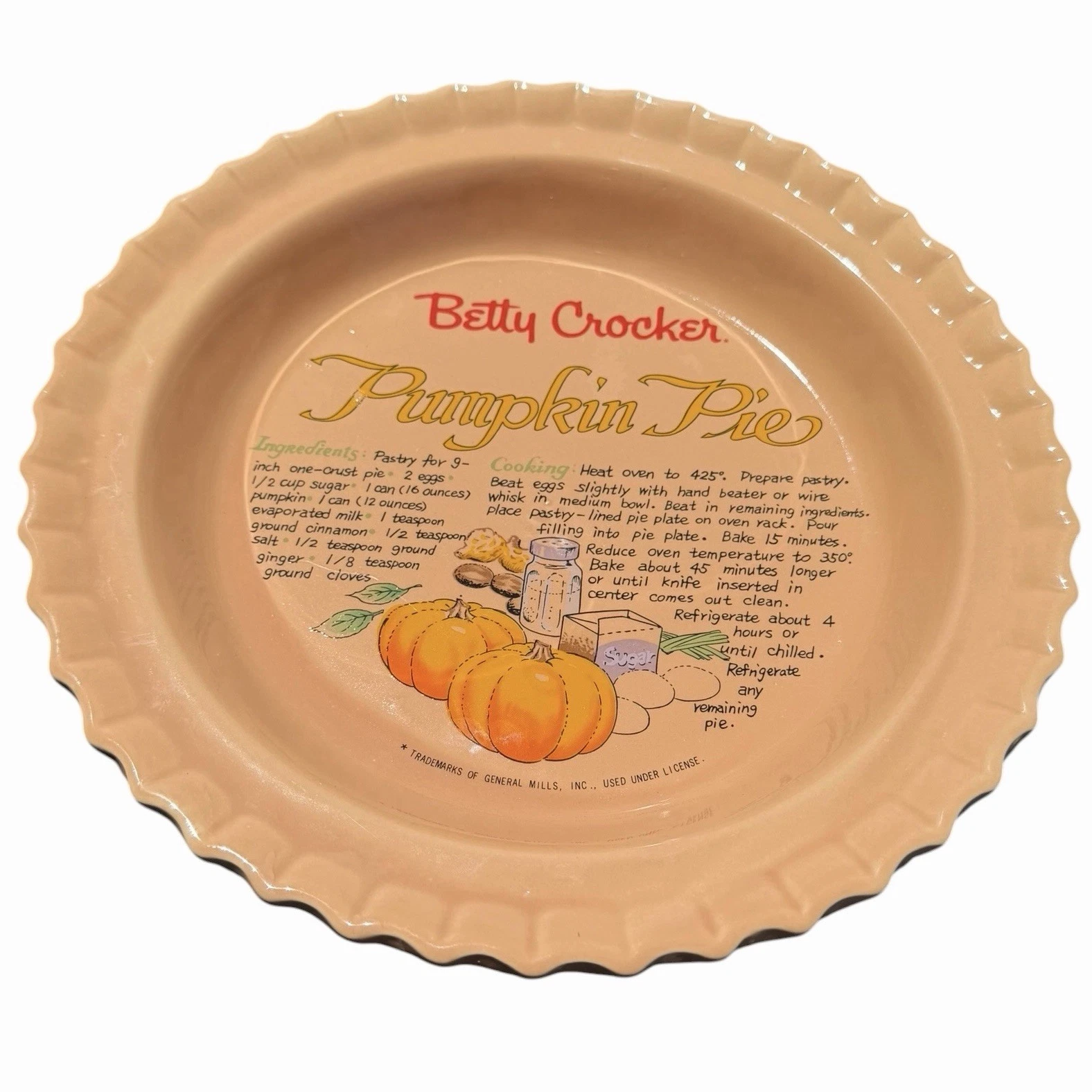 Vintage Betty Crocker 11” Ceramic Pumpkin Pie Recipe Deep Pie Dish Plate No Lid