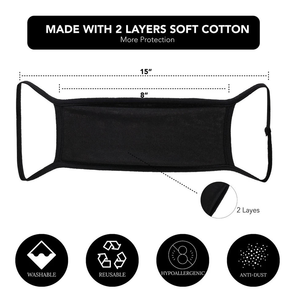 Mascarilla facial lavable de algodón negro de doble capa 3 piezas/reutilizable unisex adulto Foto 2 de 4