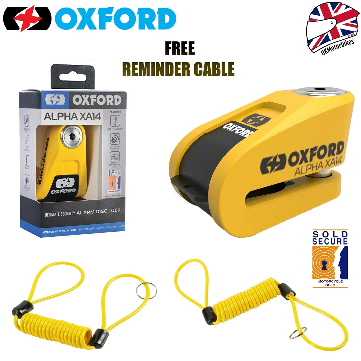 Oxford Alpha XA14 Security Motorbike Alarm Disc Lock - Yellow 