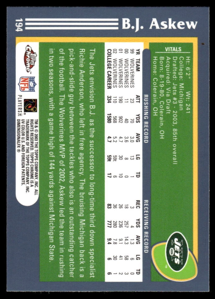 2003 Topps Chrome #194 B.J. Askew - Image 2 of 2