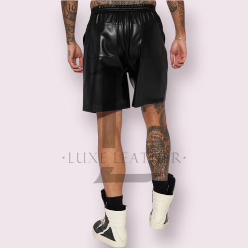 Men's Shorts Black Leather Genuine Lambskin Leather Short Slim Fit Classic Style - Picture 3 of 4