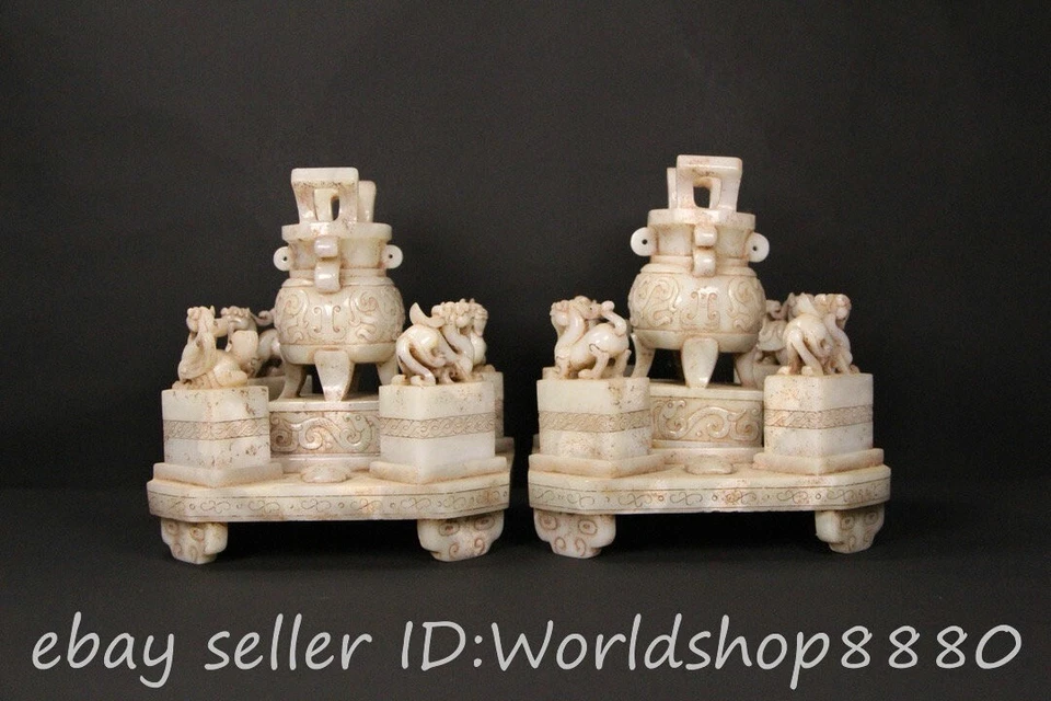 7" Old Chinese Hetian Jade Nephrite Dragon Seal Signet incense burner Set - Image 4 of 4