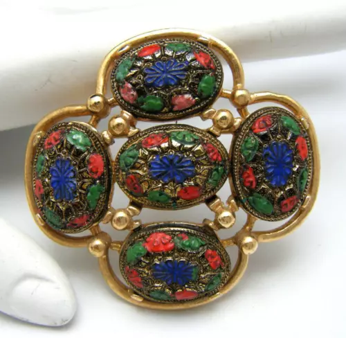 Vintage Sarah Coventry Brooch Mosaic Painted Glass Gold Tone