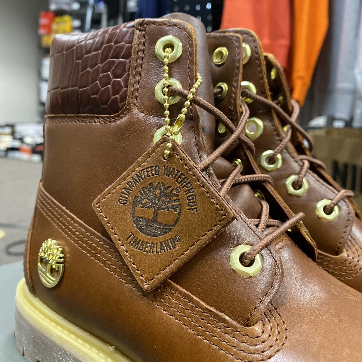 TIMBERLAND WOMENS SZ 6 Premium 6 IN Boot Waterproof MDBRN FULL GRAIN CROC A2GX7