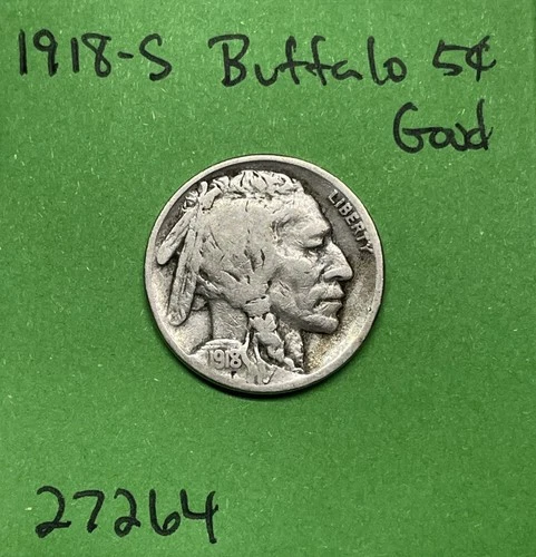 1918-S Buffalo 🦬 Indian Head Nickel 5c Good