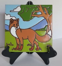 Vtg Earthtones Red Fox Wildlife Animals Pottery Tile Art Trivet 6" x 6"