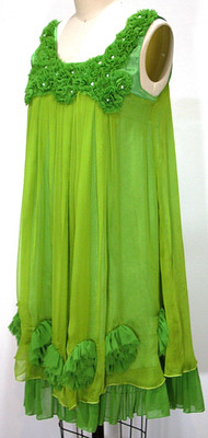 BGN Silk Green Tunic Dress Sheer Overlay Faux Pearl Floral Aplique