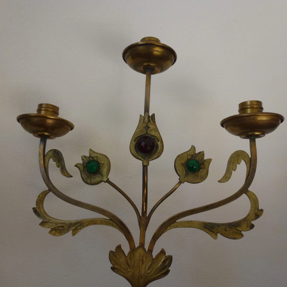 Ancien Chandelier Art Nouveau Eglise Fleur Tulipe Bronze Old Candlestick Church - Photo 3/4