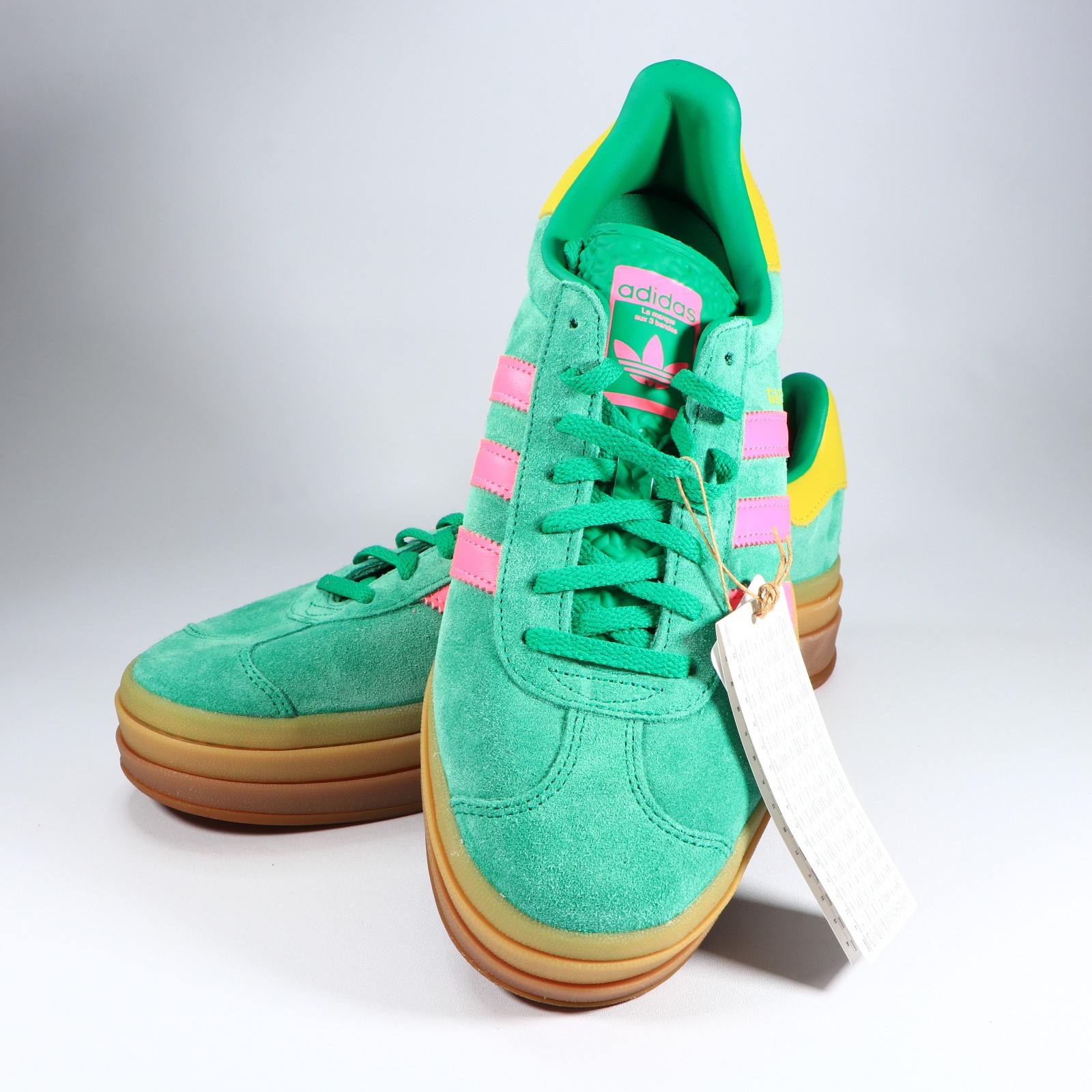 SAOLA Adidas Gazelle verde scamosciato rosa righe suola gomma tacco giallo UK 9 nuove con etichette