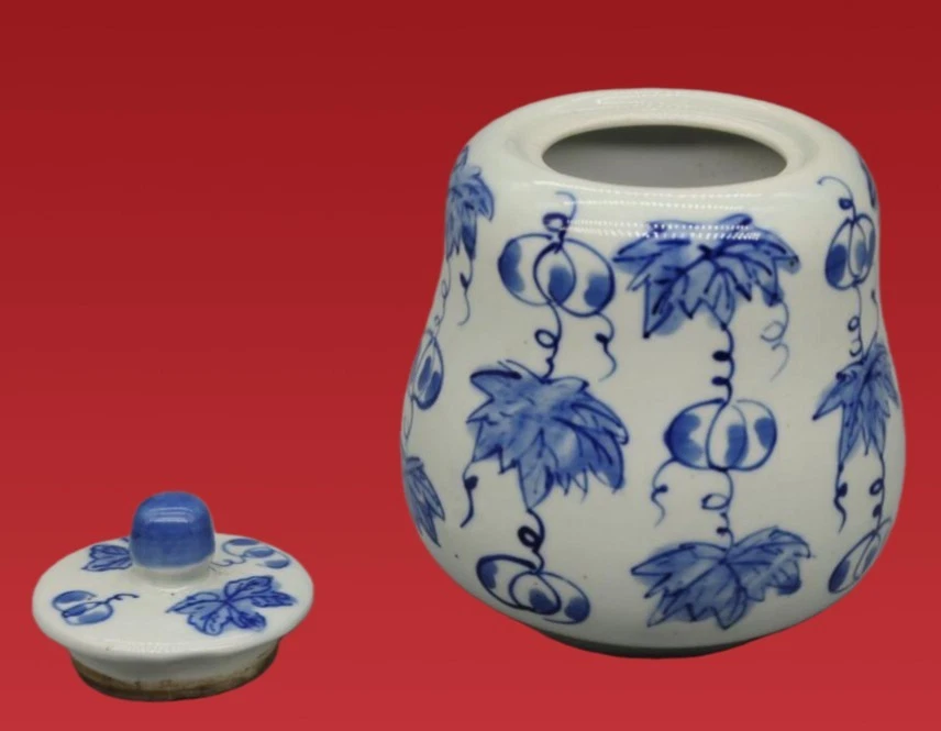 Jarro de cabaça chinês antigo azul e branco marca Qianlong porcelana com tampa - Imagem 3 de 4