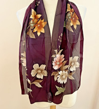 Vintage Lightweight Silk Scarf Oblong 52x11" Burgundy Floral Sheer Asian Luxury