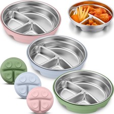 3 Pcs Stainless Steel Baby Suction Plates with Removable Silicone Shell 2-in-...