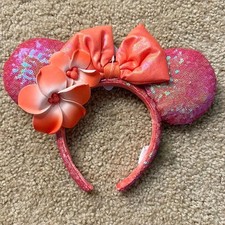Disney- Parks Aulani Hawaii Orange Coral Plumeria Minnie Mouse Ears Bow Headband